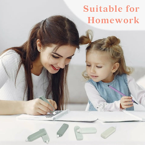 Mother and child writing with Six Pack Mini White Correction Tapes For Quick Corrections, Cute Design, Easy To Use Set In Green.