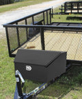 Heavy Duty Steel Thirty Six Inch Trailer Tongue Tool Box With Reinforced Lid mounted on a trailer, showcasing its durable design.