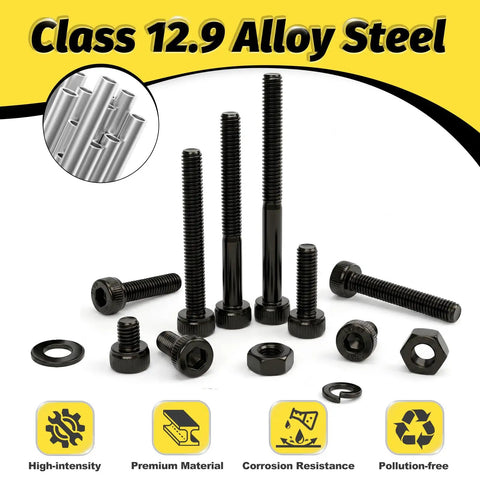 M3 Hex Socket Cap Screw Assortment Kit Black Nuts Flat Lock Washers And Hex Key Spanner For 3D Printing DIY builds, showing class 12.9 alloy steel hardware.