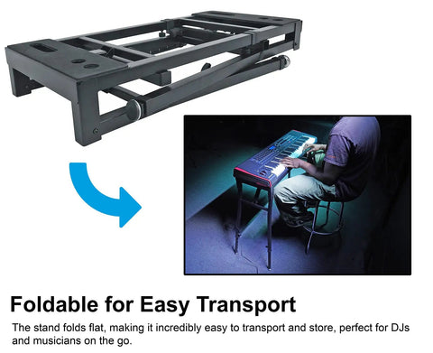 Adjustable Platform Keyboard Stand for Live Gigs and Studio Use, steel with foam pads, folded for transport, swivel feet
