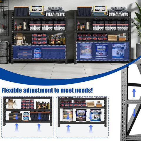 Built Like A Tank 4 Tier Heavy Duty Garage Shelving Unit Dang Sturdy 5000 Lbs Total Weight Capacity Adjustable Metal Storage Rack with tools and bins.