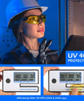 Hella Durable 12 Pack Safety Glasses For Men And Women Featuring Tinted Lenses With Top Tier Impact Resistance And Ansi Z87 Certification Perfect For Construction Sites And Diy Work worn by a woman using a UV meter.
