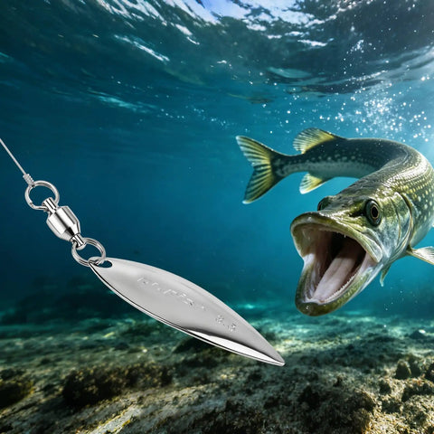 Premium Ball Bearing Fishing Swivels With Stainless Steel Split Rings Heavy Duty Rust Resistant Tackle rigged near a fish in water.