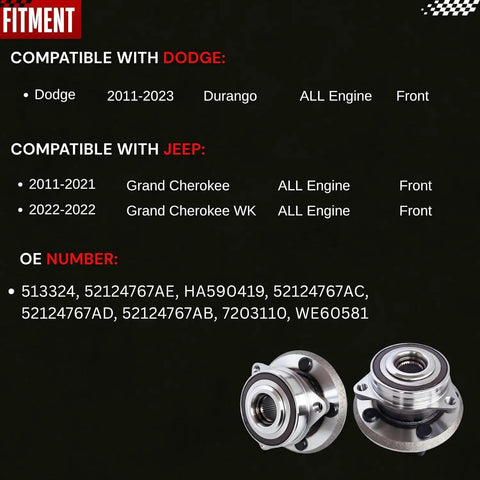 Durable Front Wheel Hub Bearing Assembly For Jeep Grand Cherokee 2011 2021 2Wd Oem Equivalent 513324 detailed fitment chart
