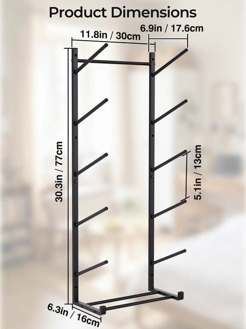 Heavy Duty Five Tier Skateboard Rack Wall Mount With Ten Coated Clips For Helmets Plus Gear dimensions displayed on black metal unit.