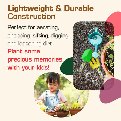 Kid Friendly Garden Hand Fork Mini Steel Digging Tool With Wooden Handle Durable Little Gardening Tool For Children Perfect For Soil Prep Weeding And Outdoor Play Yellow shown with plants.