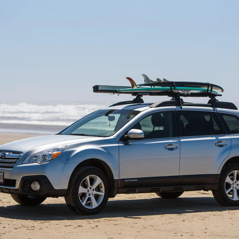 Solid As Hell Heavy Duty Roof Rack Crossbars Pair 68 Inch Long For Suv And Truck Cargo Hauling on silver SUV with surfboards.