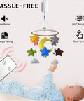 Baby playing under a colorful star and moon mobile with remote. Disco Ball Motor For Wind Spinner And Mirror Ball Chimes Hang Display Rotating Motor With Mini Remote Controller Battery Powered At 20 RPM Holds Up To 4 Pounds Garden Decor Boss Vibe.