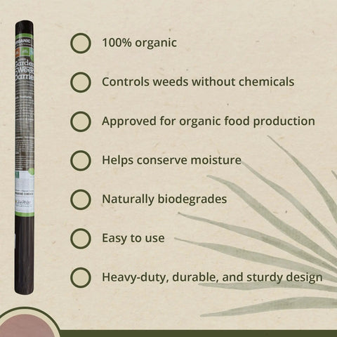 Rolled Natural Organic Paper Mulch Ground Cover Mat For Veggie Gardens Black 3 By 300 Feet with product benefits listed