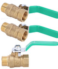 Top Shelf One Half Inch Premium Brass Ball Valve For Hot And Cold Water Piping Systems Built Damn Tough For Indoor Natural Gas And No Fuss DIY Home Upgrades Corrosion Resistant Quick Shut Off Design - three brass valves with green handles.