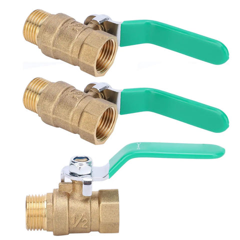Top Shelf One Half Inch Premium Brass Ball Valve For Hot And Cold Water Piping Systems Built Damn Tough For Indoor Natural Gas And No Fuss DIY Home Upgrades Corrosion Resistant Quick Shut Off Design - three brass valves with green handles.