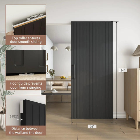 36X84 Inch Black Wood Sliding Barn Door With Concealed Tracks And Soft Close Hardware Kit Straight Up Smooth Glide showing top roller and floor guide.