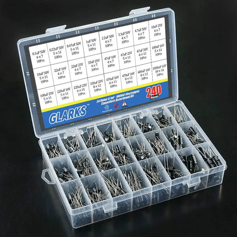 Killer Value Aluminum Electrolytic Capacitor Assortment Kit featuring 240 pieces in a labeled storage case with distinct values.