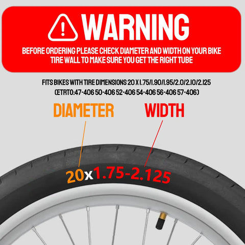 Warning sign for selecting correct diameter and width, 20x1.75-2.125, for 2 Pack 20 Inch Bike Tubes For 1.75 To 2.125 Inch Tires.