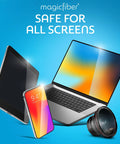 Front view of MagicFiber microfiber cleaning cloths, 2-pack for electronics, shown with tablet and laptop.