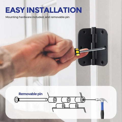 Slick Matte Black Door Hinges Interior Rooms Set Of Eighteen Includes Full Mounting Hardware Three Point Five By Three Point Five Inches shown during installation.