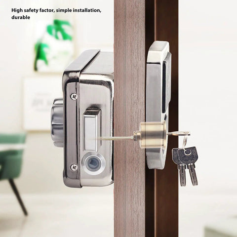 Premium Electronic Deadbolt Door Lock featuring smooth wireless remote controller access on a wooden door, showcasing sleek design and key access.