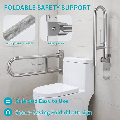 Flip Up Toilet Grab Bar With Built In Tissue Holder And Non Slip Knurled Grips Solid Bathroom Safety Rail Heavy Duty Support For Shower Tub And Easy Access, foldable design shown.