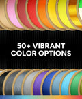 Multiple colored PLA filament spools in 50+ options, suitable for 1.75mm 3D printing with high precision and low clog performance.