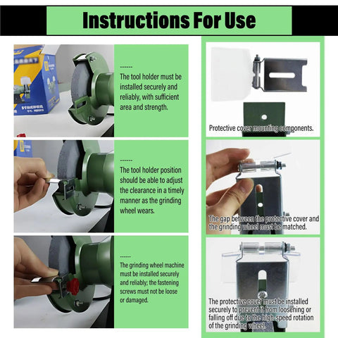 Instructions for use of Built Tough Dual Wheel Bench Grinder With Secure Eye Shields for tool holder installation and adjustment.