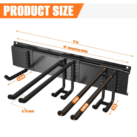 Badass Heavy Duty Garage Wall Mount Ski Rack Holds 4 Pair Wide Or 8 Pair Narrow Skis With Secure Double Prong Hooks, 17 in size.