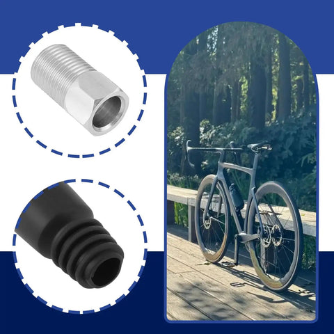 Eight Piece Hydraulic Disc Brake Hose Olive Repair Kit With Inserts Barb Screws And Connectors For TEKTRO Bikes shown with parts and bike