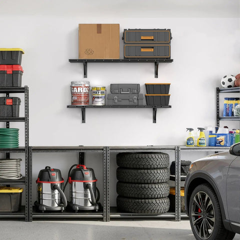 Two Pack Wall Mounted Garage Shelving Delivers Bulletproof 700 Lb Heavy Duty Capacity While Keeping Your Premium Power Gear Stacked Tight Without Any Hassle, showcasing tools and storage boxes.