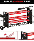 Power Tool Organizer Wall Mount With UL Certified 6 Outlet Charging Station 4 Layer 6 Slot Cordless Drill Holder And Angle Grinder Holder Red Heavy Duty Garage Workshop Storage, shown disassembled with red shelves and black side panels on a white background.