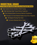 12-piece chrome vanadium steel flex-head ratchet wrench set with specifications on black background