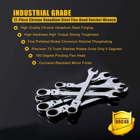 12-piece chrome vanadium steel flex-head ratchet wrench set with specifications on black background