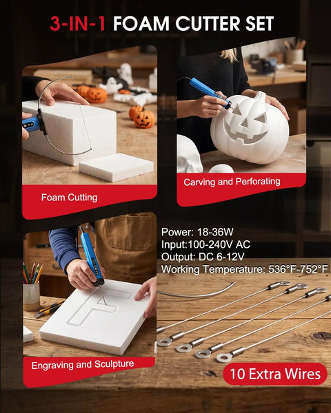 Badass 3 In 1 Hot Wire Foam Cutter Kit With 36 Watt Adjustable Blade And Ten Extra Replacement Wires For Smooth Carving and Precision Shaping Projects, showcasing tools in use on foam.