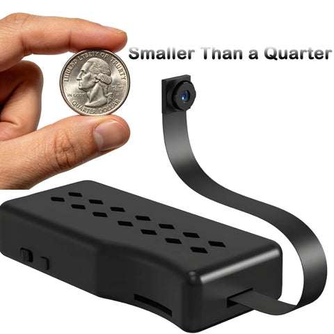 Low Key Hidden Camera Module Tiny Spy Cam Wi Fi for Inside Home shown smaller than a quarter for size comparison.