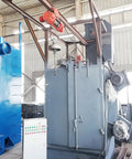 Hook Type Shot Blasting Machine for Metal Components and Instrument Frames and Equipment Casings in Fabrication Facilities, Heavy Duty Finishing Equipment with Easy Maintenance, Custom Accessories, and Shop Ready Precision Surface Prep, gray cabinet view