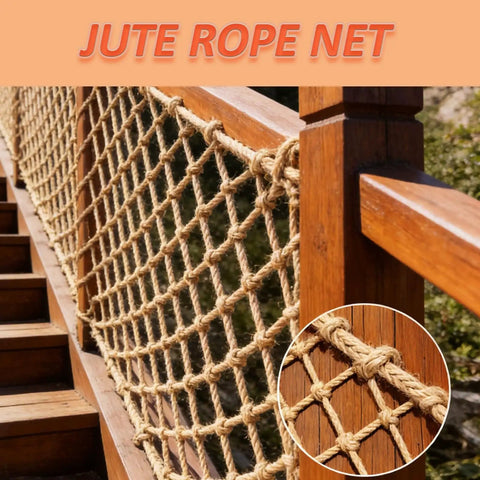 Heavy Duty Natural Jute Hemp Rope Net For Balcony And Stair Rails Straight Up Safe For Kiddos With Rock Solid Weave on wooden stairs.