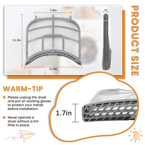 Dryer Lint Screen ADQ73373201 with Brush Fits LG & Kenmore Models Replaces 2656948, product dimensions and safety tips shown.