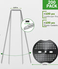 Image of 200 Pack Landscape Staples Garden Stakes 6 Inch 11 Gauge Galvanized Ground Pins for Weed Barrier Irrigation Tubing and Lawn Decor with illustration of staple dimensions and plastic gasket.
