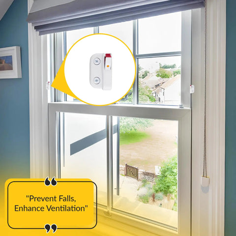 Dual Action White Window Opening Control Device LH RH Safe Window Stopper for home and office on window frame