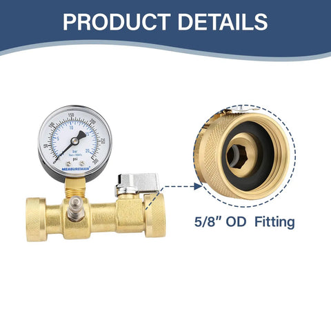 Air to Water Pressure Test Gauge 2 Inch Dial 0 to 300 Psi Leak Detector Kit with brass fittings and 5/8" OD connector.