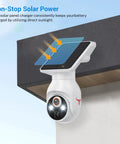 No Brainer Solar Powered Wireless Security Camera With 1080p HD, AI Human Detection, mounted outdoors with solar panel