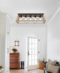 31.5 Inch Flush Mount Five Light Vintage Industrial Cage Chandelier installed in a white room, close to ceiling with walnut finish.