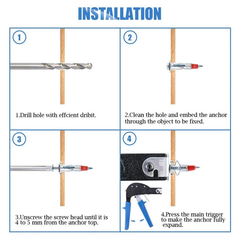 Four-step installation guide for Heavy Duty 60 Piece One Eighth Inch Forty Six Millimeter Zinc Plated Steel Molly Bolt Drive Wall Anchors Set With Screws Rust Resistant For Strong Drywall Mounting And Secure Fixture Installations