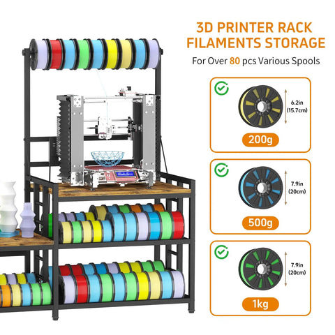 Heavy Duty 3D Printer Desk With Knockout Filament Storage Rack And Plug And Play Power Outlet, dual print station with spools.