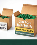 Open boxes of green grounding screws for electrical boxes, labeled as bulk supply, next to a price comparison sign.