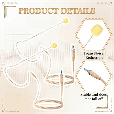 Dual Pack Beige Earhook Condenser Microphones Delivering Hella Crisp Audio Response With Foam Wind Shields Designed For Shure Compatible Inputs And Standard Three Point Five Millimeter Female Screw Plugs, with foam windshields.