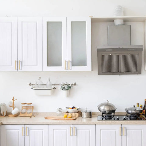 10 Pack Brushed Gold Cabinet Handles And Drawer Pulls For Kitchen Cabinets And Dressers Featuring Slick Zinc Alloy Body With Dope Fresh Look Plus 3.75 Inch Hole Spacing Great For Snazzy Vibe Upgrade Of Drawers And Cupboards Today in a modern kitchen with white cabinetry.