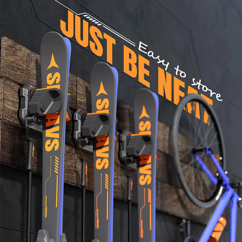 Badass Ski And Snowboard Wall Rack provides no sweat garage storage, holding skis securely with rubber pads against a wall.