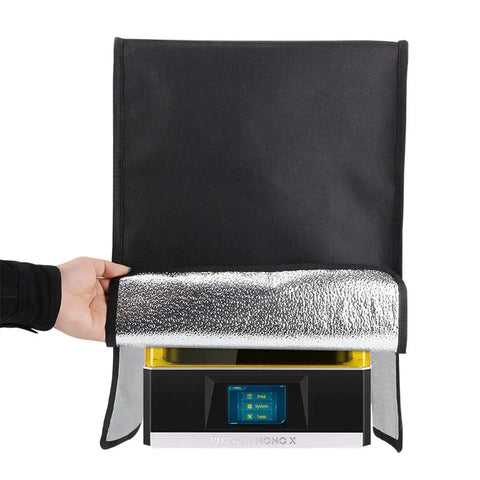Heavy Duty Resin 3D Printer Cover Solid Blackout Enclosure protects printer from dust and UV, shown partially opened.