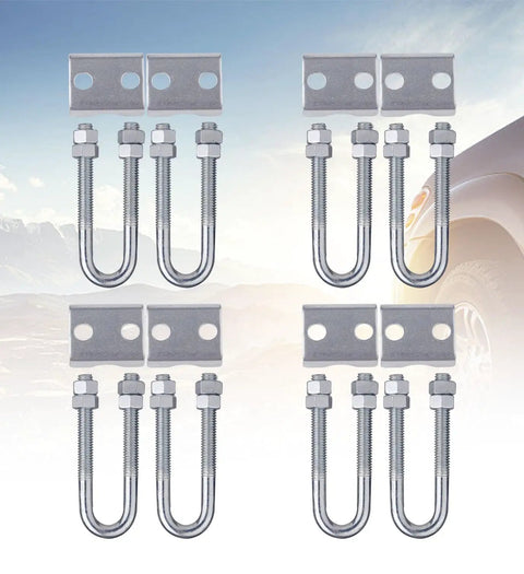 8 Pack Adjustable Coil Spring Lowering And Leveling Clamp Kit with bolts and brackets on a truck background