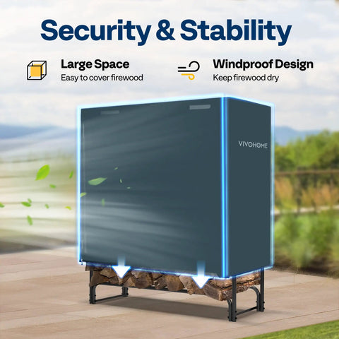 Rugged Heavy Duty 4Ft Log Rack Cover Waterproof Outdoor Firewood Storage With Zipper And Hook Loop Tape 600D Oxford PU PVC