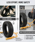 Heavy Duty Tire Wheel Dolly Rated For 275 Lbs Capacity Rolls Wide Truck Tires Like A Dream Ergonomic Handle For Zero Hassle Moves Sturdy Rolling Platform For Pro Garage Workflows Yellow Color with tire comparison.